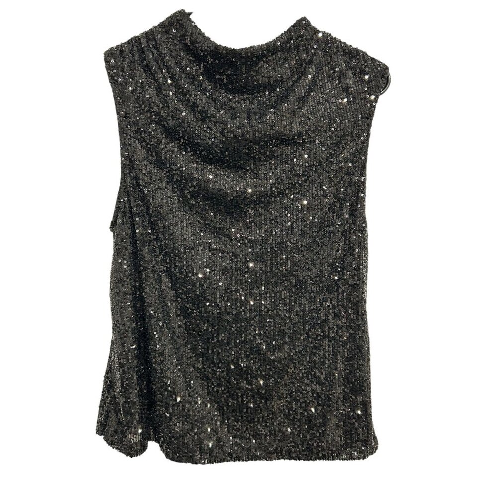 Cable & Gauge Sleeveless Black Sequin Mock Neck Top Size Large Keyhole Back